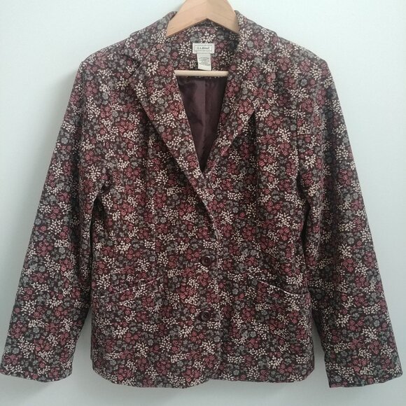 LL Bean brown cotton corduroy blazer jacket with cream pink blue floral … - Picture 1 of 14